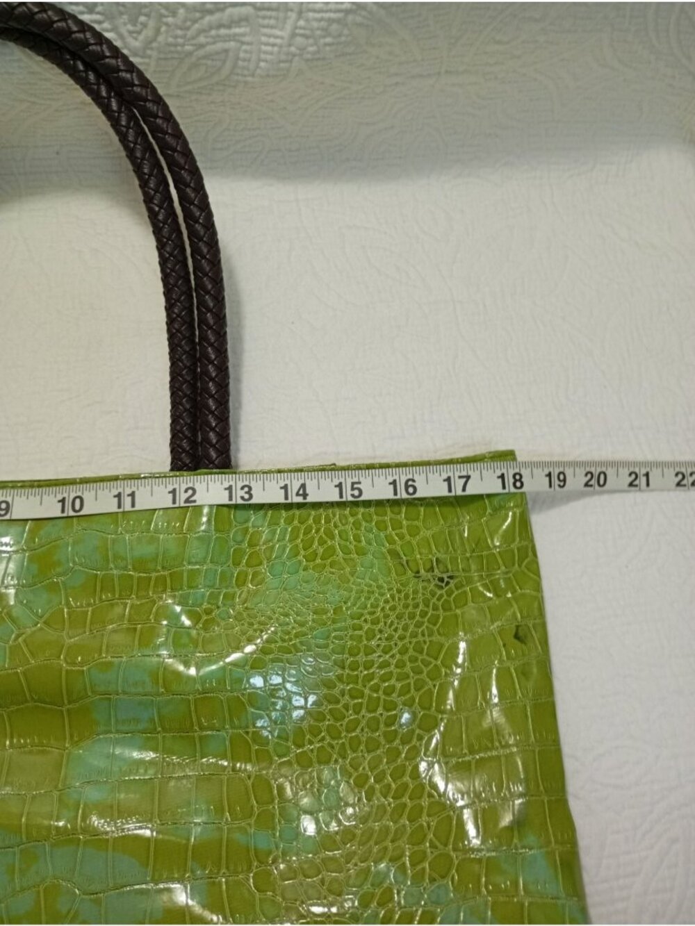 Neiman Marcus Green Croc-Embossed Vinyl Tote Bag With Brown Braided Handles - Picture 11 of 12